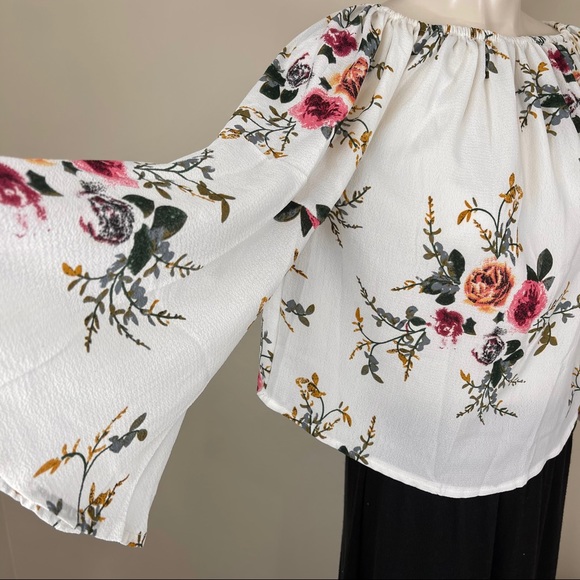 OFF THE SHOULDER boho floral blouse M cream - Picture 2 of 9